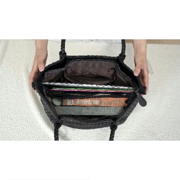 Woven Vegan Leather Tote Bag Chic Minimal Elegant Work Travel Crossbody Purse - Picture 7 of 7